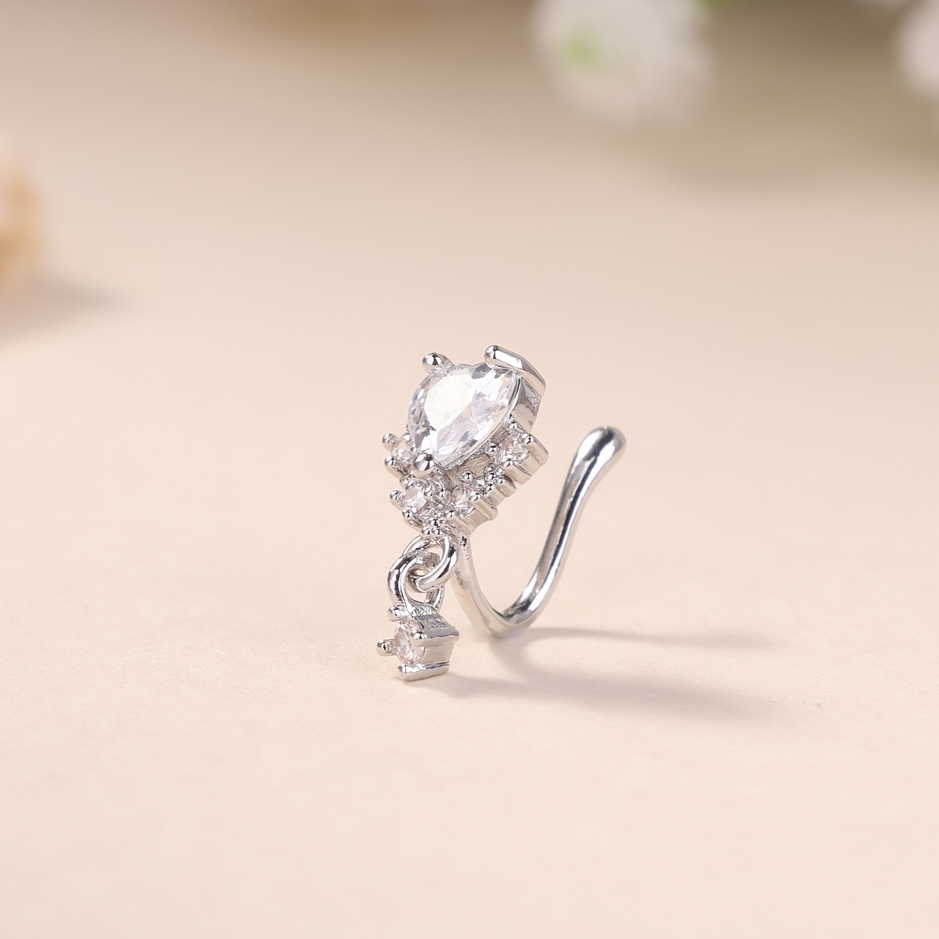 Copper Clip-On Zirconia Heart-Shaped Nose Ring, Non-Piercing